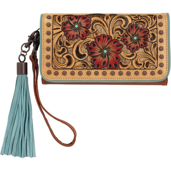 Women's Lorelei Clutch Calf Hair Tooled Wallet Tan Western Fringe Leather